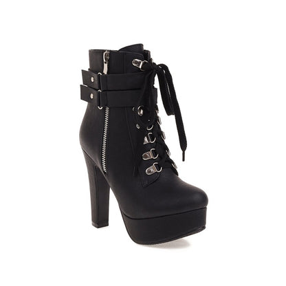 Ladies Pu Leather Belts Buckles Lace Up Side Zippers Chunky Heel Platform Short Boots