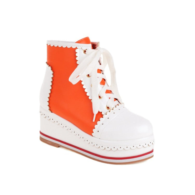 Ladies Candy Color Lace Up Wedge Heel Platform Short Boots