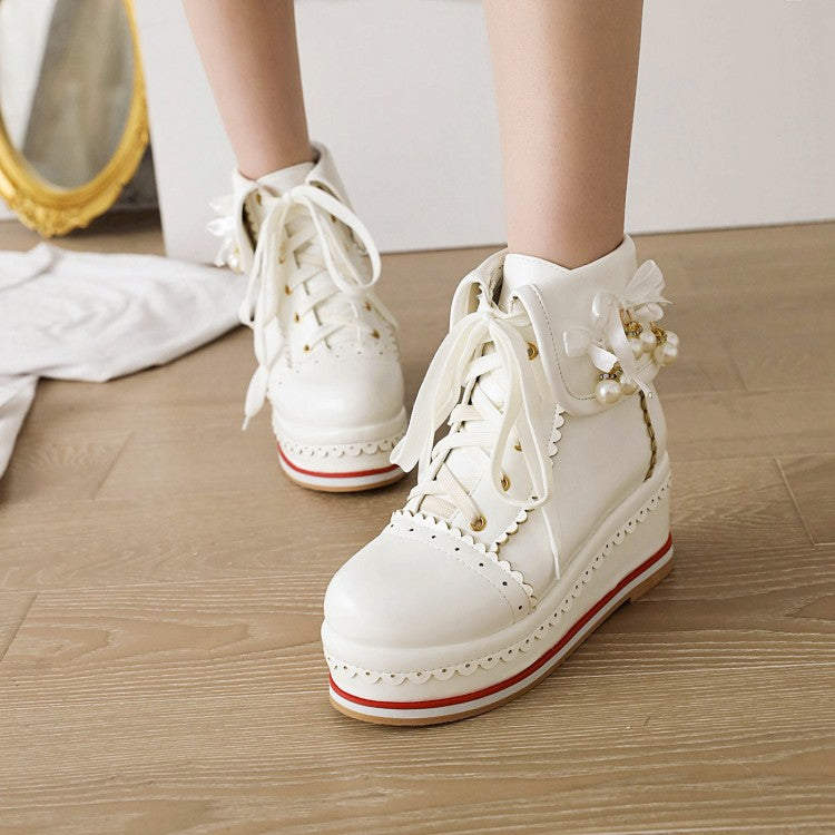 Ladies Pu Leather Stitching Lace Up Fold Pearls Knot Platform Wedge Heel Short Boots