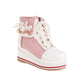 Ladies Pu Leather Stitching Lace Up Fold Pearls Knot Platform Wedge Heel Short Boots