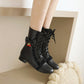 Ladies  Side Zippers Lace Up Bow Tie Low Heels Mid Calf Boots