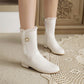 Ladies Side Zippers Lace Pearls Low Heels Mid Calf Boots