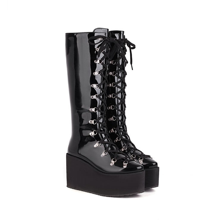 Pu Leather Round Toe Metal Rivets Lace Up Wedge Heel Platform Mid-calf Boots for Women
