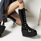 Pu Leather Round Toe Metal Rivets Lace Up Wedge Heel Platform Mid-calf Boots for Women