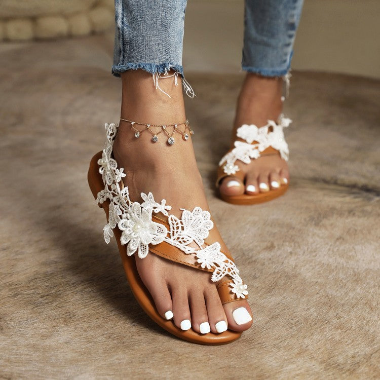 Ladies Flip Flops Lace Flora Hollow Out Flat Sandals