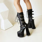 Pu Leather Round Toe Lace Up Buckle Straps Block Chunky Heel Platform Mid-calf Boots for Women