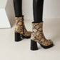 Snake Square Toe Back Zippers Block Chunky Heel Platform Short Boots for Women