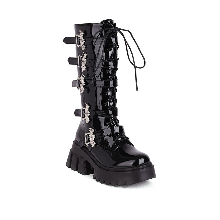 Pu Leather Round Toe Lace Up Buckle Straps Block Chunky Heel Platform Riding Mid-calf Boots for Women