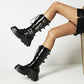 Pu Leather Round Toe Lace Up Buckle Straps Block Chunky Heel Platform Riding Mid-calf Boots for Women