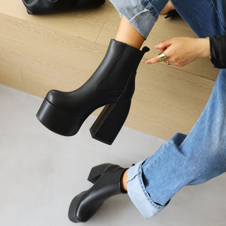 Glossy Stretch Block Chunky Heel Platform Ankle Boots for Women