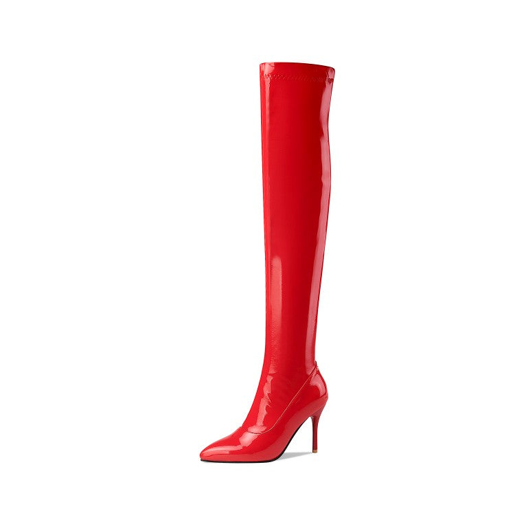 Glossy Pointed Toe Side Zippers Stiletto Heel Over the Knee Boots for Women