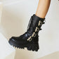 Glossy Metal Buckle Straps Lace Up Block Chunky Heel Platform Mid-calf Boots for Women