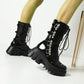 Glossy Metal Buckle Straps Lace Up Block Chunky Heel Platform Mid-calf Boots for Women