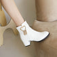 Pu Leather Side Zippers Love Hearts Buckle Straps Tassel Block Chunky Heel Short Boots for Women