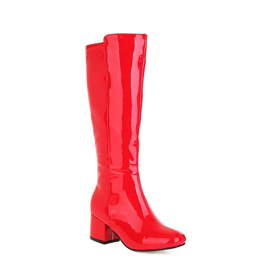 Glossy Side Zippers Block Heel Knee High Boots for Women