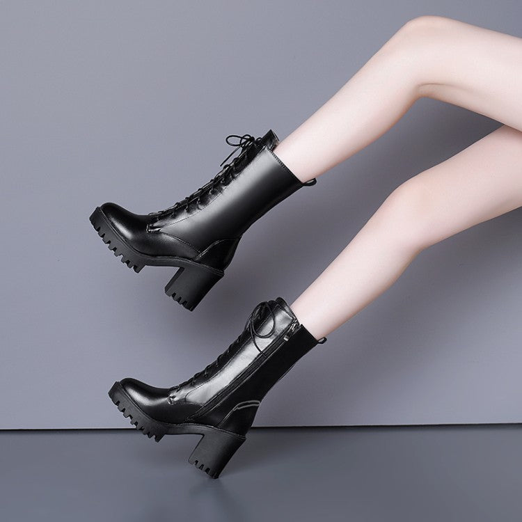 Side Zippers Buckle Straps Block Heel Platform Mid Calf Boots for Women