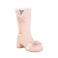 Lace Bow Tie Pearls Block Chunky Heel Platform Knee-High Boots for Women