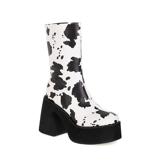 Bicolor Pu Leather Square Toe Side Zippers Block Chunky Heel Platform Mid Calf Boots for Women