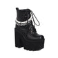 Pu Leather Lace Up Metal Pearls Chains Block Chunky Heel Platform Riding Ankle Boots for Women