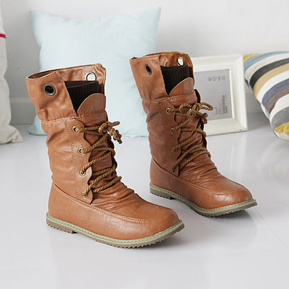 Ladies Pu Leather Stitching Patchwork Lace Up Flat Short Boots