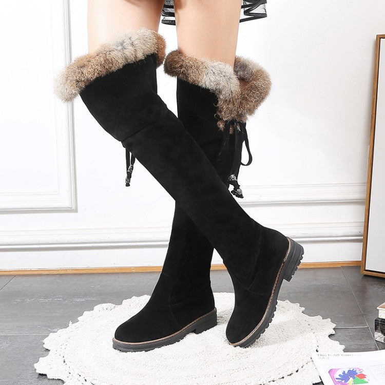 Ladies Suede Stitching Patchwork Side Tied Fur Flat Knee High Boots