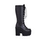 Glossy Round Toe Lace Up Block Chunky Heel Platform Mid-calf Boots for Women