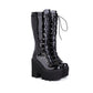 Glossy Round Toe Lace Up Block Chunky Heel Platform Mid-calf Boots for Women