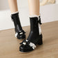 Lace Bow Tie Pearls Block Chunky Heel Mid-Calf Boots for Women