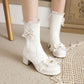 Lace Bow Tie Pearls Block Chunky Heel Mid-Calf Boots for Women