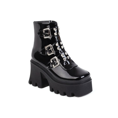 Glossy Square Toe Rivets Buckle Straps Block Chunky Heel Platform Short Boots for Women