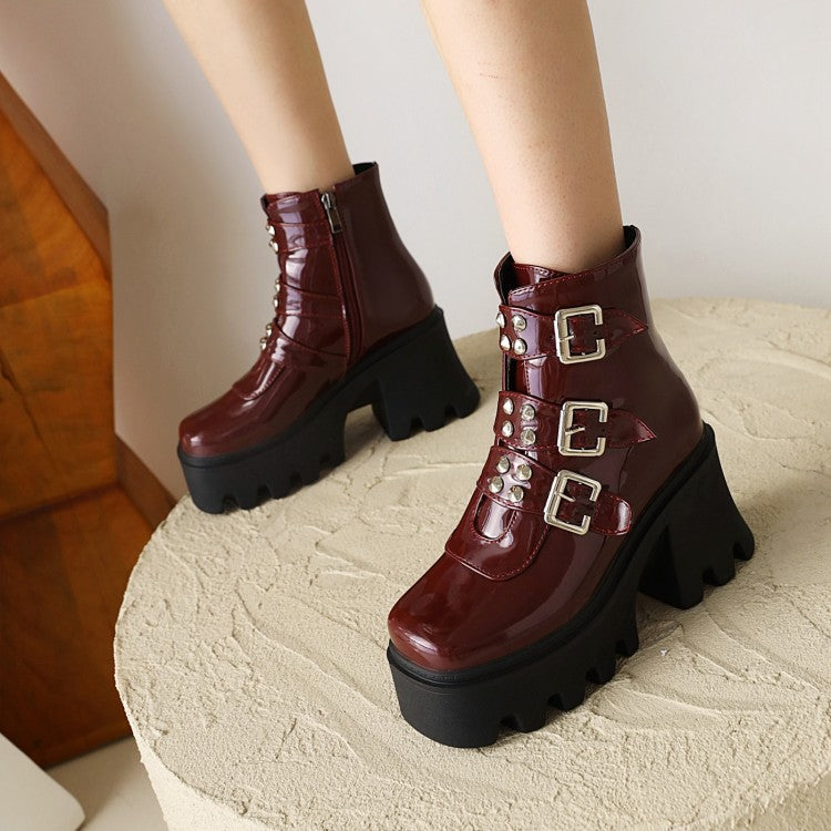 Glossy Square Toe Rivets Buckle Straps Block Chunky Heel Platform Short Boots for Women