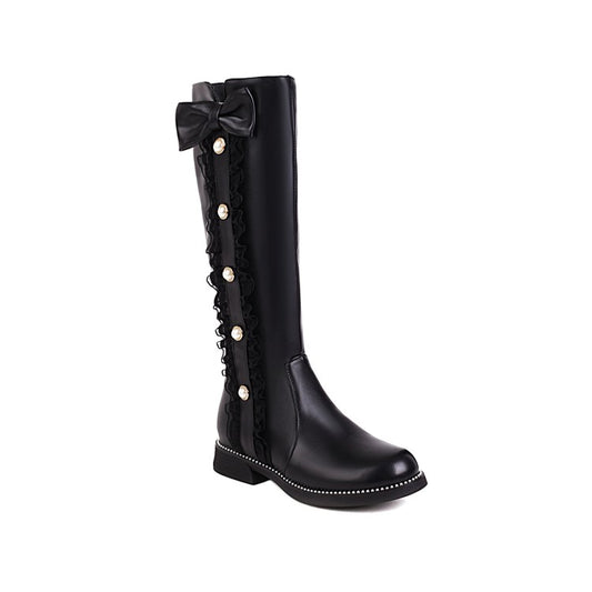 Buttons Bow Tie Knee High Side Zippers Knee High Boots for Women