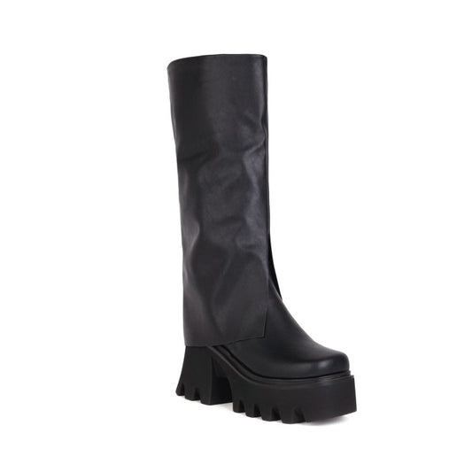 Ladies Pu Leather Round Toe Fold Block Heel Platform Knee High Boots