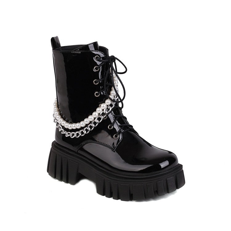 Ladies Glossy Tied Belts Pearls Metal Chains Platform Short Boots