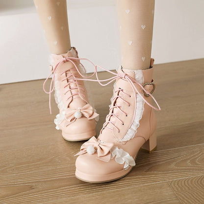 Lace Bow Tie Pearls Block Chunky Heel Ankle Boots for Women