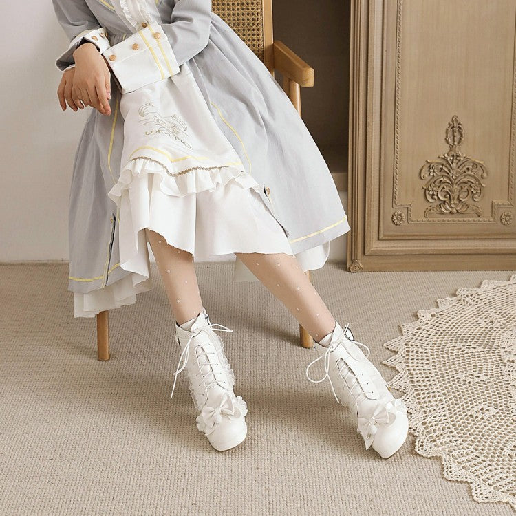 Lace Bow Tie Pearls Block Chunky Heel Ankle Boots for Women