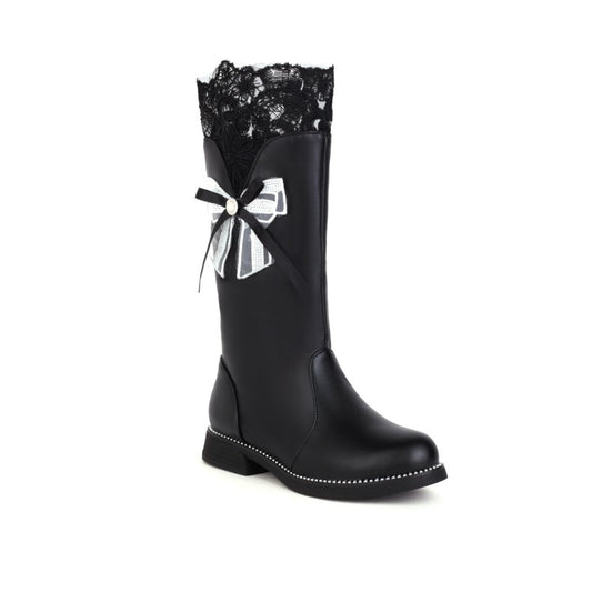 Lace Bow Tie Low Heels Knee-High Boots for Women
