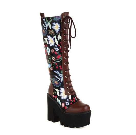 Ladies Flora Patchwork Lace Up Chunky Heel Platform Knee High Boots