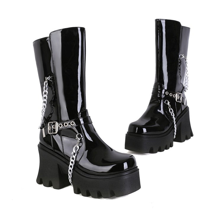 Glossy Square Toe Metal Chains Buckle Straps Side Zippers Block Chunky Heel Platform Mid Calf Boots for Women