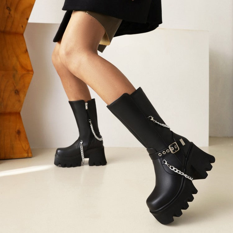 Glossy Square Toe Metal Chains Buckle Straps Side Zippers Block Chunky Heel Platform Mid Calf Boots for Women