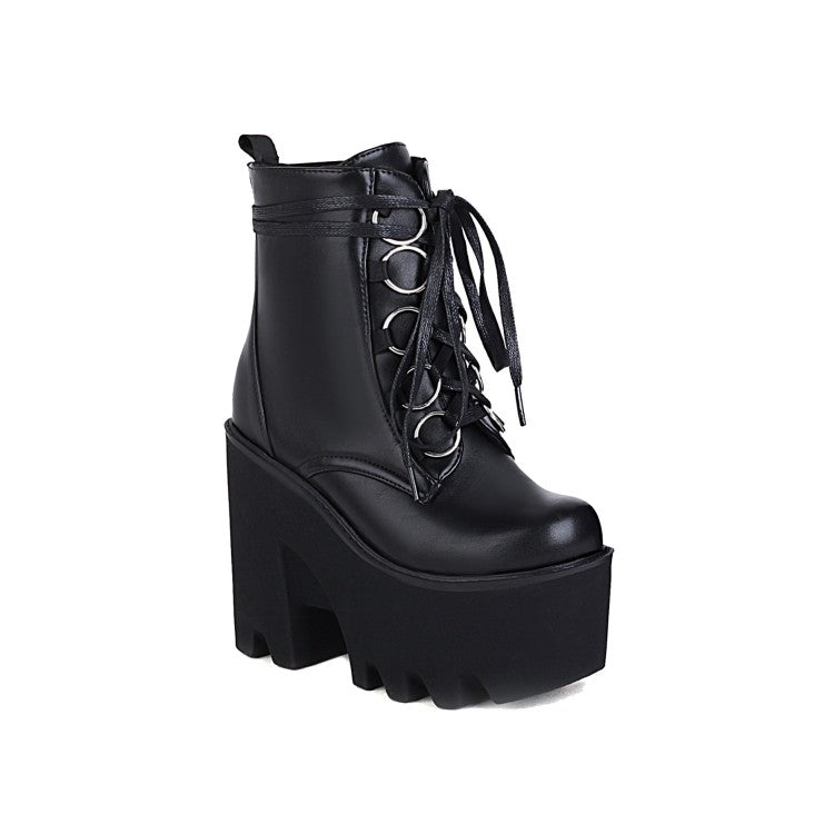 Glossy Round Toe Lace Up Block Chunky Heel Platform Ankle Boots for Women