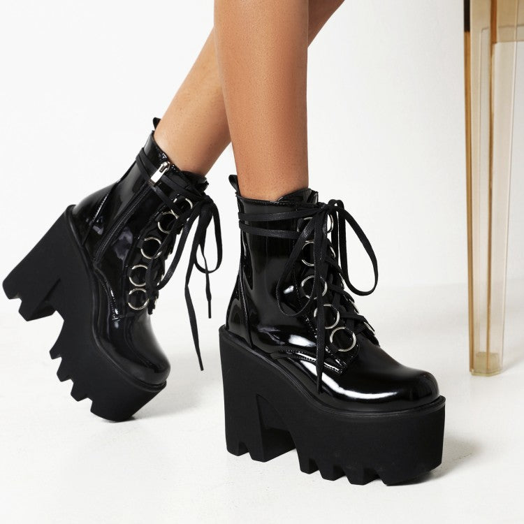 Glossy Round Toe Lace Up Block Chunky Heel Platform Ankle Boots for Women