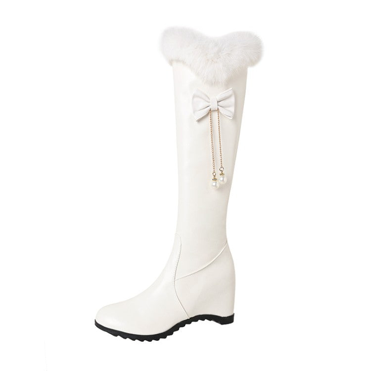 Inside Heighten Wedge Heel Bow Tie Fur Knee-High Boots for Women