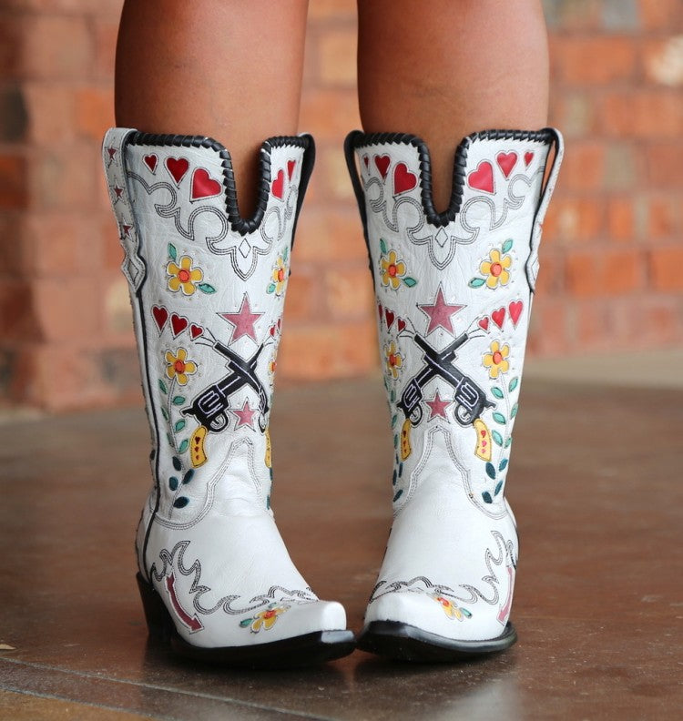 Ladies Ethnic Embroidery Puppy Heel Cowboy Mid Calf Boots