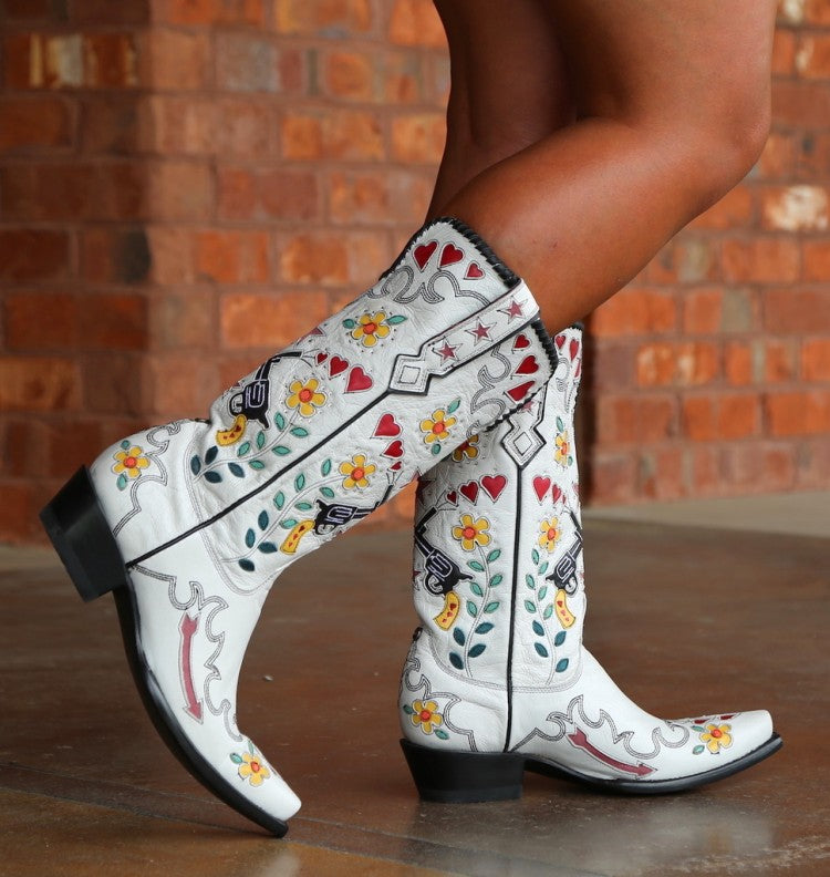 Ladies Ethnic Embroidery Puppy Heel Cowboy Mid Calf Boots