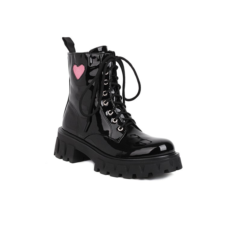 Glossy Round Toe Lace Up Love Hearts Block Chunky Heel Platform Short Boots for Women