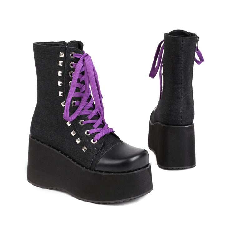Ladies Square Toe Bicolor Lace Up Wedge Heel Platform Short Boots