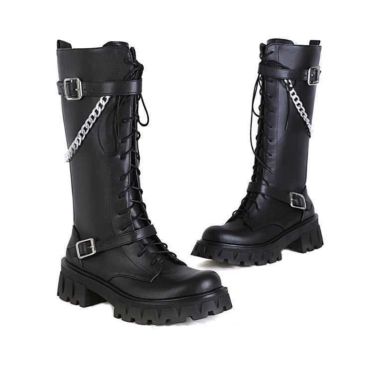 Glossy Round Toe Metal Chains Lace Up Side Zippers Block Chunky Heel Platform Mid Calf Boots for Women