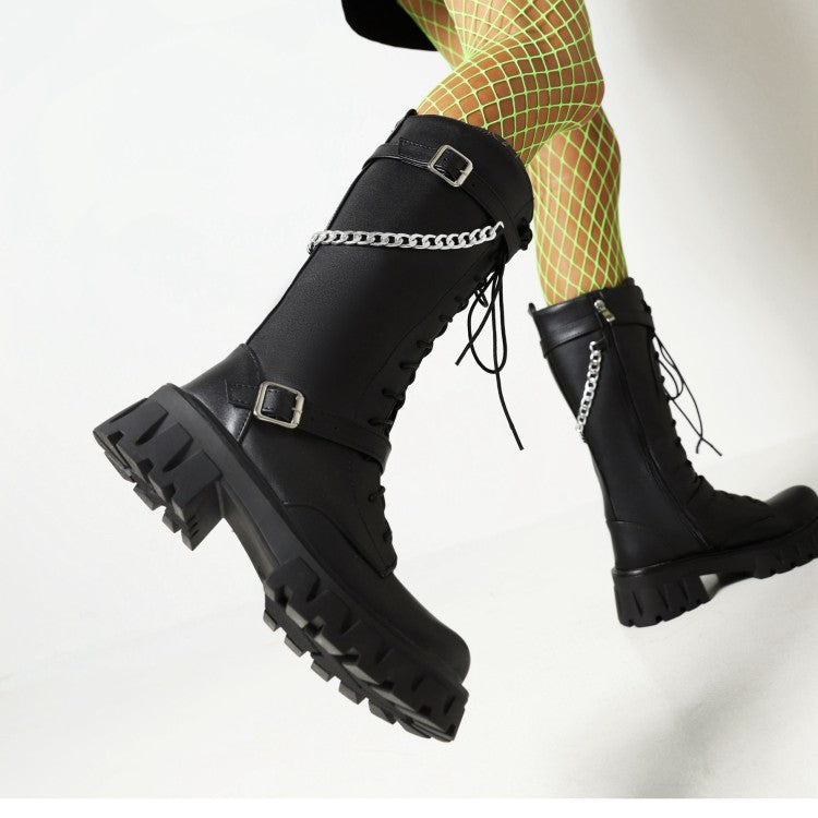 Glossy Round Toe Metal Chains Lace Up Side Zippers Block Chunky Heel Platform Mid Calf Boots for Women