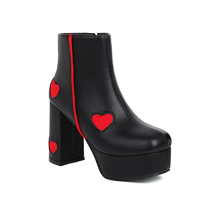 Glossy Round Toe Love Hearts Side Zippers Block Chunky Heel Platform Short Boots for Women